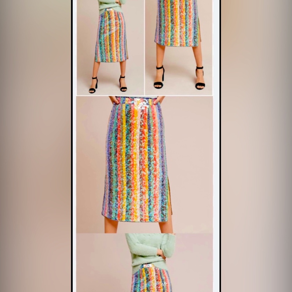 ANTROPOLOGIE MAEVE Pailette Sequin Rainbow Stripe Midi Skirt Size 4
